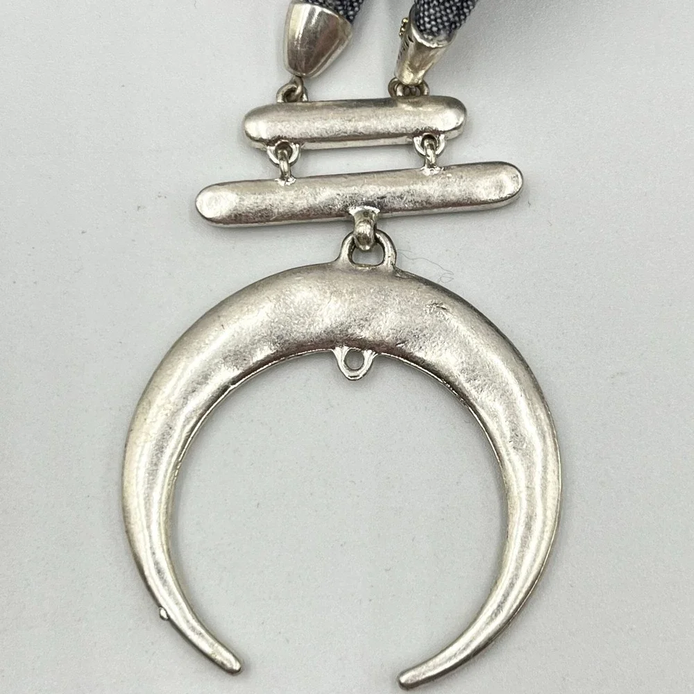 Vintage Mixed Metal Crescent Tusk Necklace Denim Fabric & Braided Cord Statement